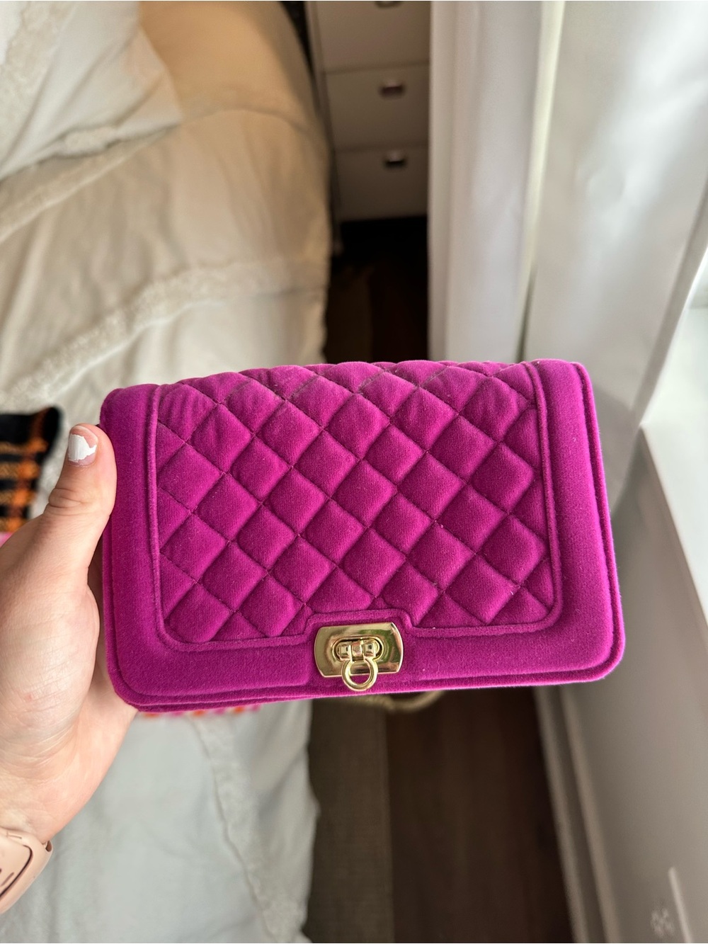 a new day Fuchsia Quilted Velvet Mini Crossbody with Gold Hardware